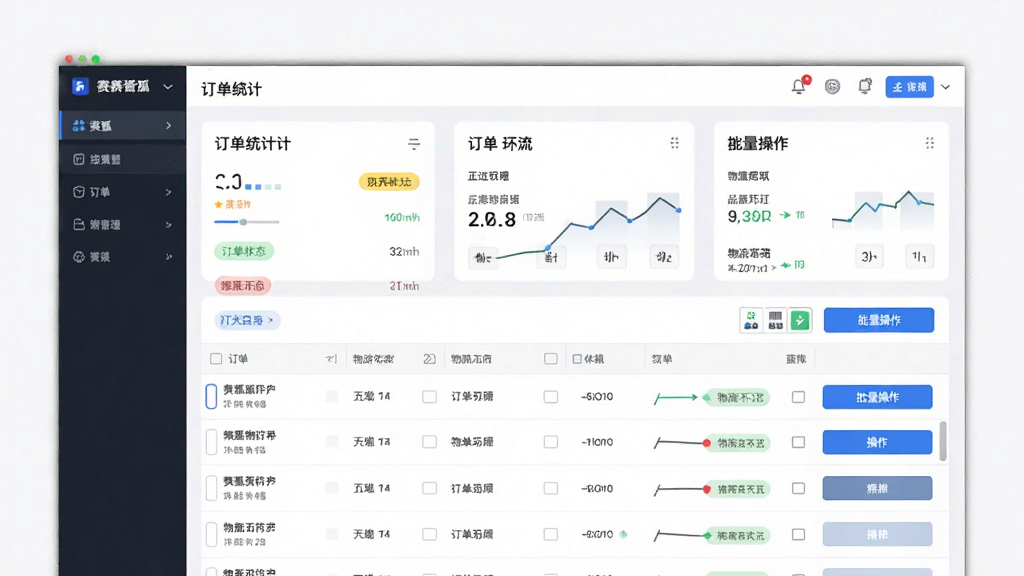赛狐ERP智能订单处理功能预览图,画面主体为软件订单管理界面,布局采用上下结构,上方为订单统计卡片,下方为订单列表与操作按钮,风格为简洁商务风,细节包括订单状态标签、物流轨迹、批量操作按钮,画质高清,干净,无多余元素