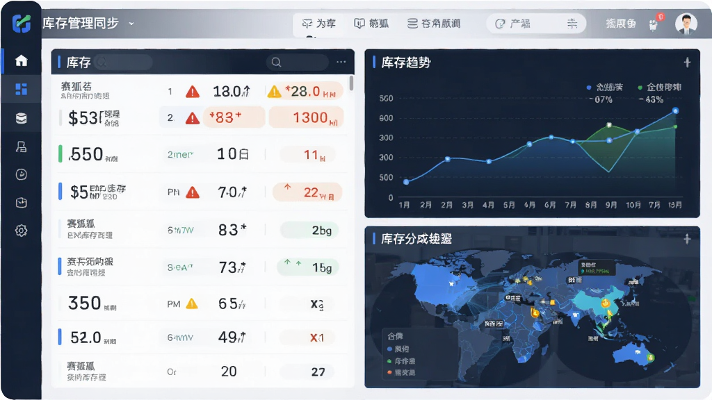 赛狐ERP实时库存同步功能展示图,画面主体为库存管理仪表盘,布局采用左侧库存列表与右侧库存趋势图,风格为清新数据可视化风,细节包括库存数字、预警图标、仓库分布图,画质高清,干净,无多余元素