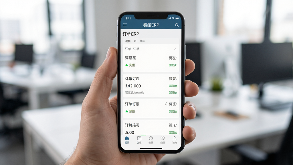 一张展示赛狐ERP移动端使用场景的图片,画面主体为一只手拿着手机,手机屏幕显示赛狐ERP订单列表界面,背景为模糊的办公室环境,布局采用中心构图,风格为真实生活摄影风,细节包括手机屏幕上的订单状态、底部导航栏,画质高清,干净,无多余元素