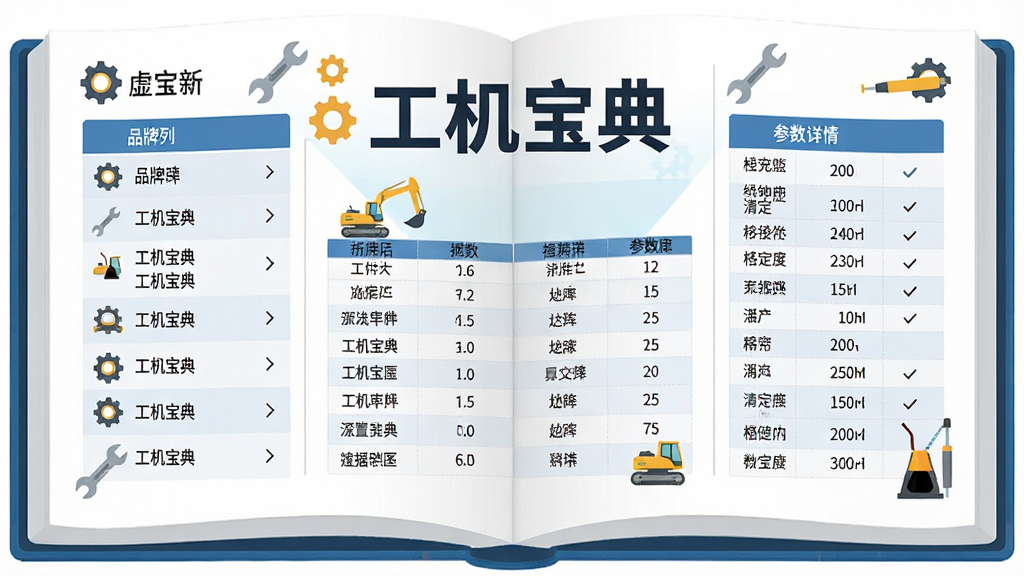 主体为一本打开的虚拟电子手册,书页上浮现“工机宝典”字样和挖掘机参数表格;布局采用左右分栏,左侧为品牌列表,右侧为参数详情;排版整洁;风格为扁平化信息图表风格;细节包括齿轮、扳手、液压油缸等小图标点缀;画质高清,干净,无多余元素