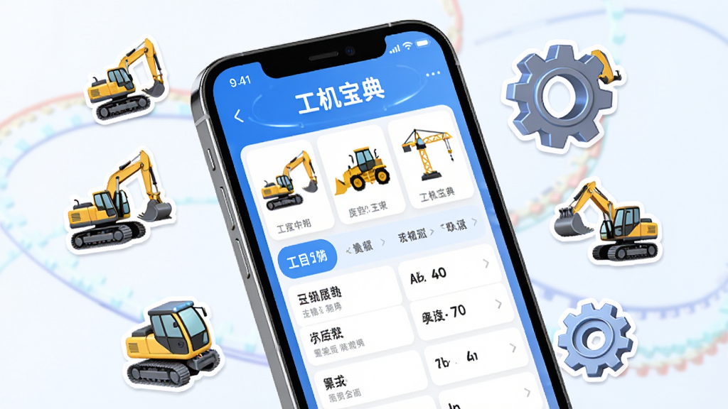 主体为一部智能手机,屏幕上显示“工机宝典”APP界面,界面中包含挖掘机、装载机、起重机等工程机械图标和参数列表;布局采用居中构图,手机略微倾斜展示;排版清晰,APP界面元素整齐;风格为现代科技感UI展示风格;细节上手机周围环绕小型工程机械卡通图标与齿轮元素;画质高清,干净,无多余元素