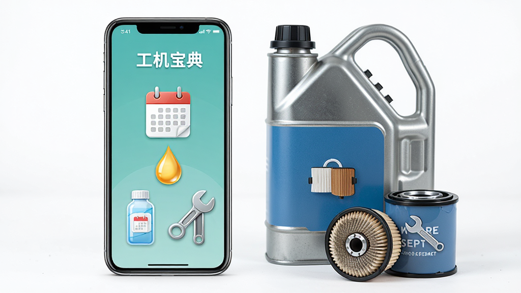 主体为手机屏幕显示“工机宝典”保养提醒界面,旁边摆放机油桶和滤芯;布局为手机与实物并排;排版清晰;风格为清新实用风格;细节包括日历图标、油滴、扳手;画质高清,干净,无多余元素