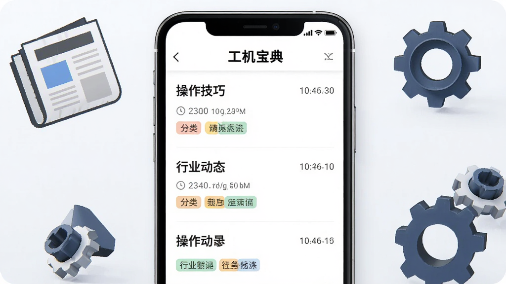 主体为手机屏幕显示“工机宝典”资讯列表,标题包含“操作技巧”“行业动态”;布局为手机居中,周围有报纸和齿轮图标;排版简洁;风格为现代资讯风格;细节包括时间戳、分类标签;画质高清,干净,无多余元素