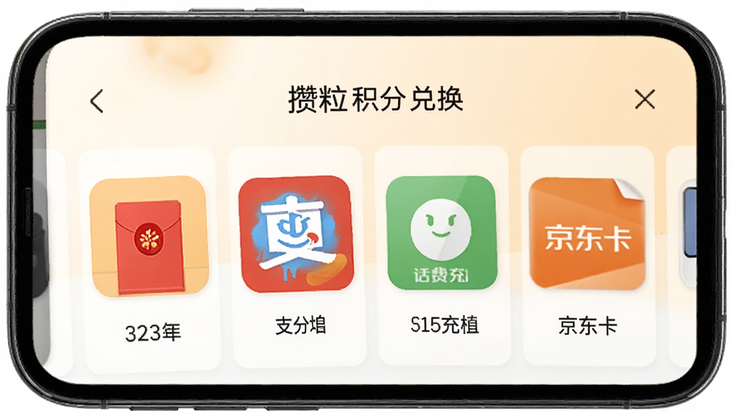 手机屏幕显示“攒粒”积分兑换页面,页面中有微信红包、支付宝、话费充值、京东卡等多种兑换选项图标,每个选项下方标注所需积分数量,背景为浅色渐变,图标色彩鲜明,布局整齐,高清画质,无多余元素