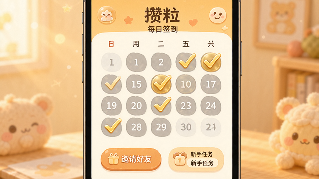 手机屏幕显示“攒粒”每日签到页面,页面中有日历签到格子,已签到日期标记为金色勾选,未签到日期为灰色,下方有邀请好友按钮和新手任务入口,背景为暖色调,图标可爱,高清画质