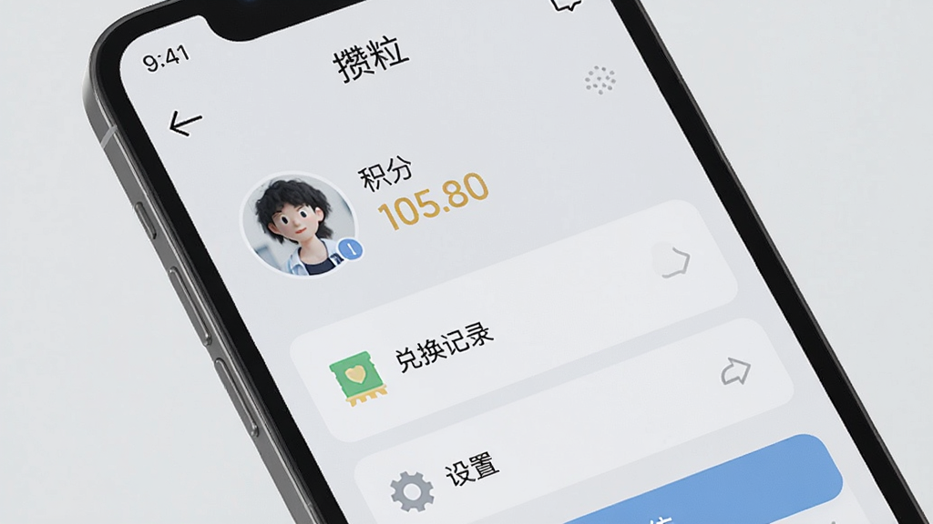 手机屏幕显示“攒粒”个人中心页面,页面中有头像、积分余额、兑换记录、设置等入口,背景为浅灰色,图标简洁,文字清晰,整体风格干净利落,高清画质