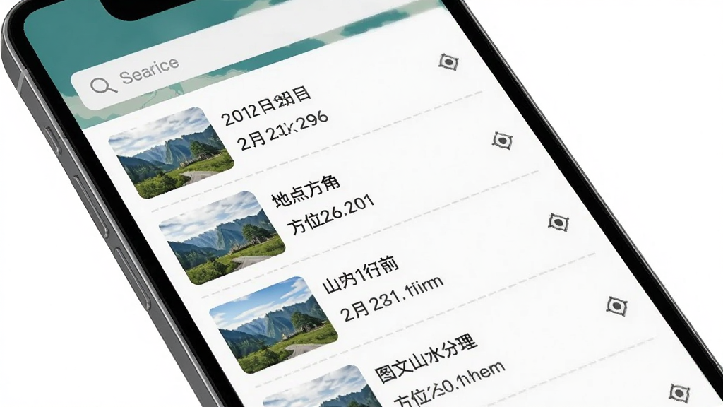 山水易图 图文记录管理界面 手机屏幕显示案例列表 每条记录包含缩略图 日期 地点 方位角度 布局为列表式 顶部有搜索栏 风格为简洁实用 细节清晰展示条目信息 画质清晰 干净 无多余元素