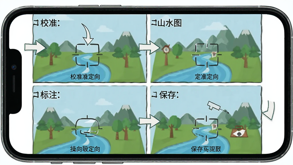 山水易图 操作指南示意图 手机屏幕显示分步操作界面 包含校准 定向 标注 保存四个步骤 布局为四格漫画式 风格为扁平化教程 细节有箭头指引和文字说明 画质清晰 干净 无多余元素