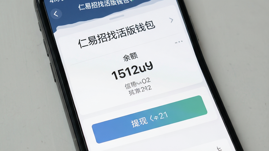 仁易招找活版钱包界面截图,显示余额和提现按钮,背景为手机屏幕,风格简洁商务,细节清晰,画质干净,无多余元素