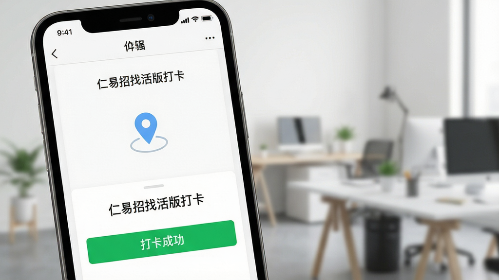 仁易招找活版打卡界面手机截图,显示定位图标和打卡成功提示,背景为简洁工作场景,风格写实,细节清晰,画质干净,无多余元素
