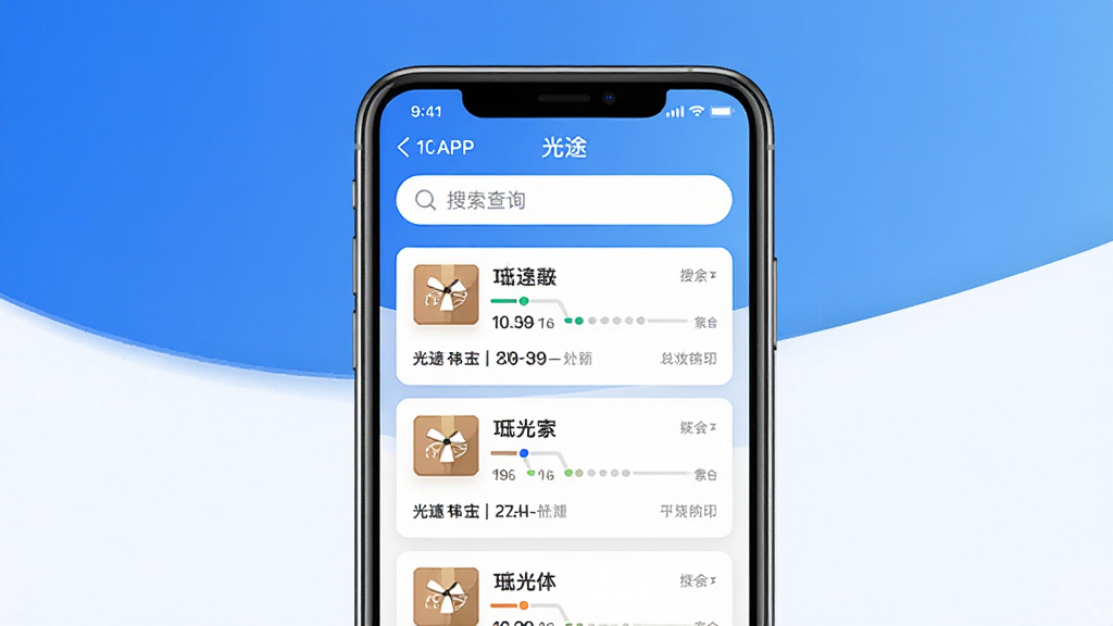 一张展示光途APP主界面的手机样机图,画面中央是光途软件的快递查询界面,顶部有搜索框,下方列出多个包裹的物流轨迹卡片,背景为简洁的蓝白渐变风格,整体布局清晰,排版干净,画质高清,无多余元素,手机屏幕中显示文字“光途”