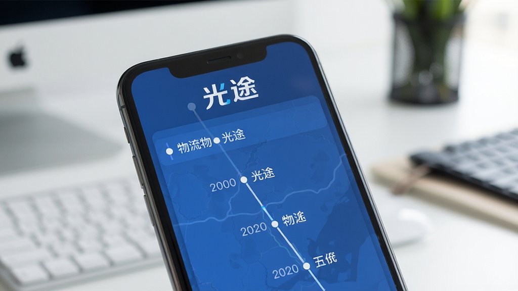 一张展示光途APP在手机端运行效果的预览图,画面为手机屏幕显示物流轨迹时间轴,屏幕上方有“光途”文字标识,背景为办公桌面环境,风格商务简洁,排版清晰,画质干净,无多余元素