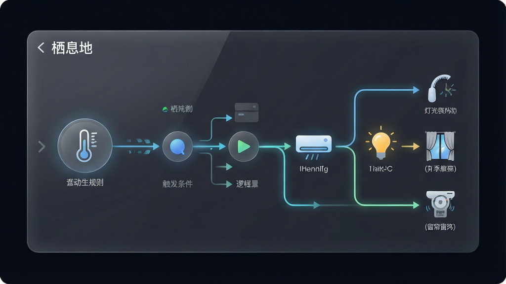 一张表现智能家居自动化场景联动的概念图,画面中“栖息地”APP界面显示一条自动化规则从触发条件到执行动作的流程线,左侧是温度传感器图标,中间是逻辑节点,右侧依次连接空调、灯光、窗帘等设备图标,布局为横向流程图样式,风格为科技感信息图,细节包括发光的连接线、半透明磨砂玻璃质感的面板、深色背景衬托,画质清晰,干净,无多余元素