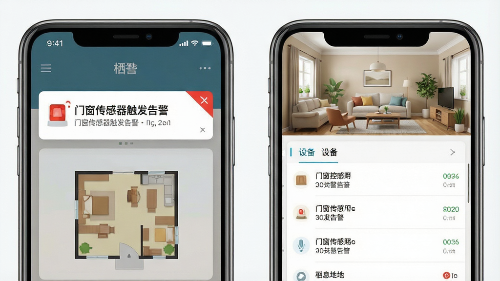 一幅展示“栖息地”APP远程控制与报警推送功能的场景图,画面左侧是手机显示推送通知“门窗传感器触发告警”,右侧是家庭场景缩略图与设备状态列表,布局为左右分栏对比,风格为写实与扁平混合风格,细节包括手机屏幕上的红色角标、推送横幅、家庭平面简图,画质清晰,干净,无多余元素