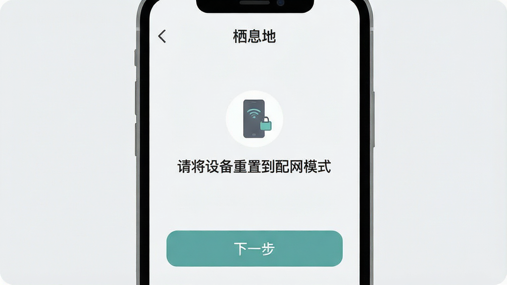 一张手机屏幕截图风格的插图,展示“栖息地”APP的新手引导页面,画面中手机界面显示配网步骤提示“请将设备重置到配网模式”,下方有“下一步”按钮,布局为居中展示,风格为扁平化UI设计,细节包括简洁的图标、淡灰色背景、清晰的文字层级,画质清晰,干净,无多余元素