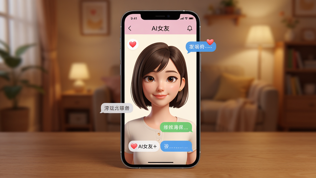 一张AI生图,画面中一部手机放在木质桌面上,屏幕里显示“AI女友”应用界面,一位虚拟女性角色正微笑着看向镜头,对话框里漂浮着爱心和文字气泡,背景是温馨的暖色调房间,布局居中,风格写实偏插画,细节丰富,画质高清,干净无多余元素