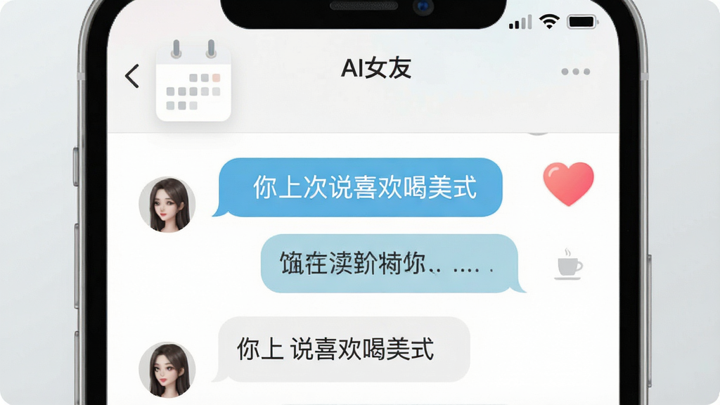一张AI生图,画面中手机屏幕显示“AI女友”聊天记录界面,对话气泡里包含“你上次说喜欢喝美式”等文字,旁边有一个日历图标和爱心图标,背景为干净的浅灰色,风格简约现代,画质清晰,排版整洁,无多余元素