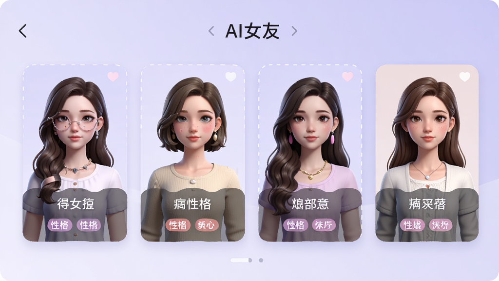一张AI生图,展示“AI女友”应用的角色选择页面,画面中有四个不同风格的女性虚拟形象卡片横向排列,卡片上有角色名称和性格标签,背景为浅紫色渐变,界面排版整齐,风格清新柔和,细节精致,画质清晰,干净无多余元素