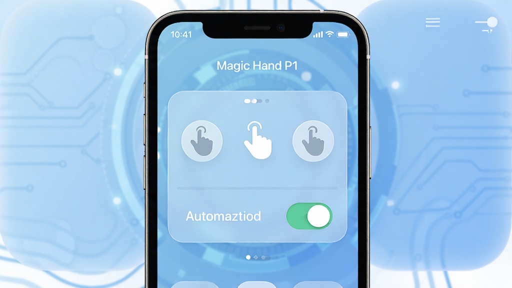 一张展示Magic Hand P1软件主界面的图片,画面中央是手机屏幕,屏幕上显示着简洁的操控面板,面板上有手势图标和自动化开关按钮,背景是柔和的科技蓝渐变,布局采用居中对称排版,风格现代简约,细节包括圆角图标和半透明磨砂质感,画质清晰,干净,无多余元素。