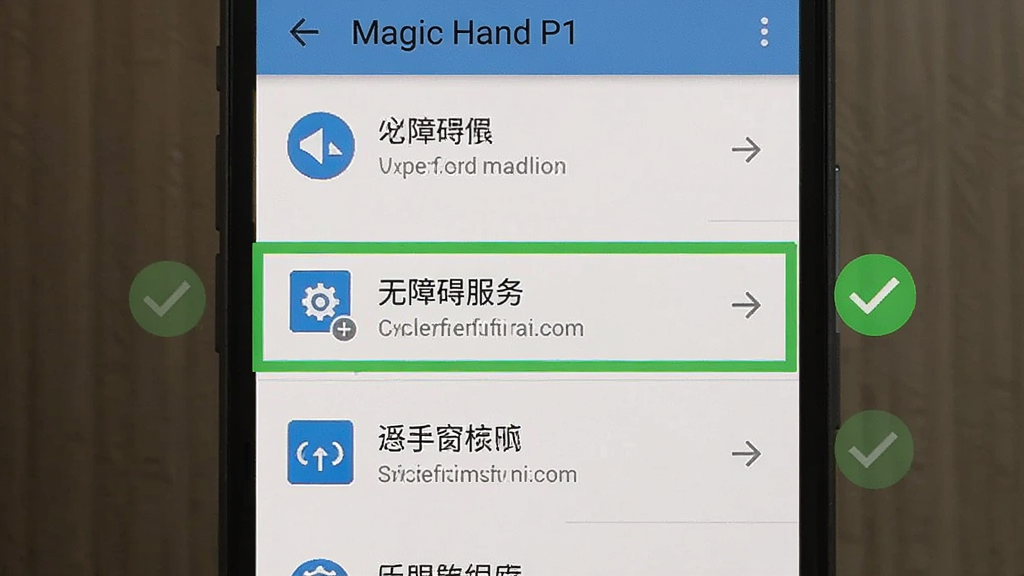 一张展示Magic Hand P1权限设置引导界面的图片,画面中手机屏幕显示权限列表,无障碍服务和悬浮窗权限被高亮标注,旁边有绿色对勾图标,布局采用垂直列表排版,风格清晰明了,细节包括图标说明和箭头指引,画质清晰,干净,无多余元素。