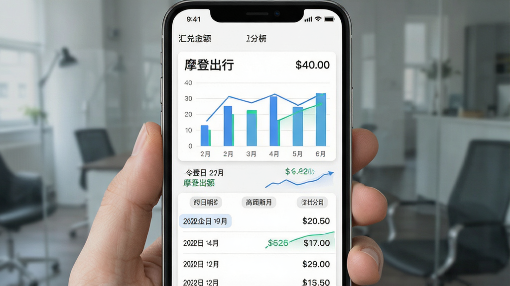一张展示摩登出行收入统计页面的AI生图,画面主体为手机屏幕,屏幕内显示柱状图与数字卡片,标注“摩登出行”应用名称,布局为上方汇总金额、下方分日明细列表,风格为简约商务扁平风,细节包括日期标签、金额数字、趋势折线,画质高清,画面干净,无多余元素