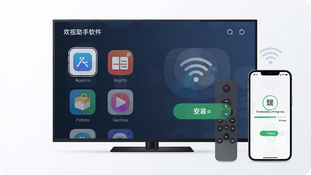 欢视助手软件主界面展示,画面中央是电视屏幕与手机遥控器,电视屏幕上显示应用列表与安装按钮,手机屏幕显示推送进度,整体布局简洁明了,风格为现代科技感扁平化设计,细节包括应用图标、进度条、无线传输符号,画质清晰,干净,无多余元素