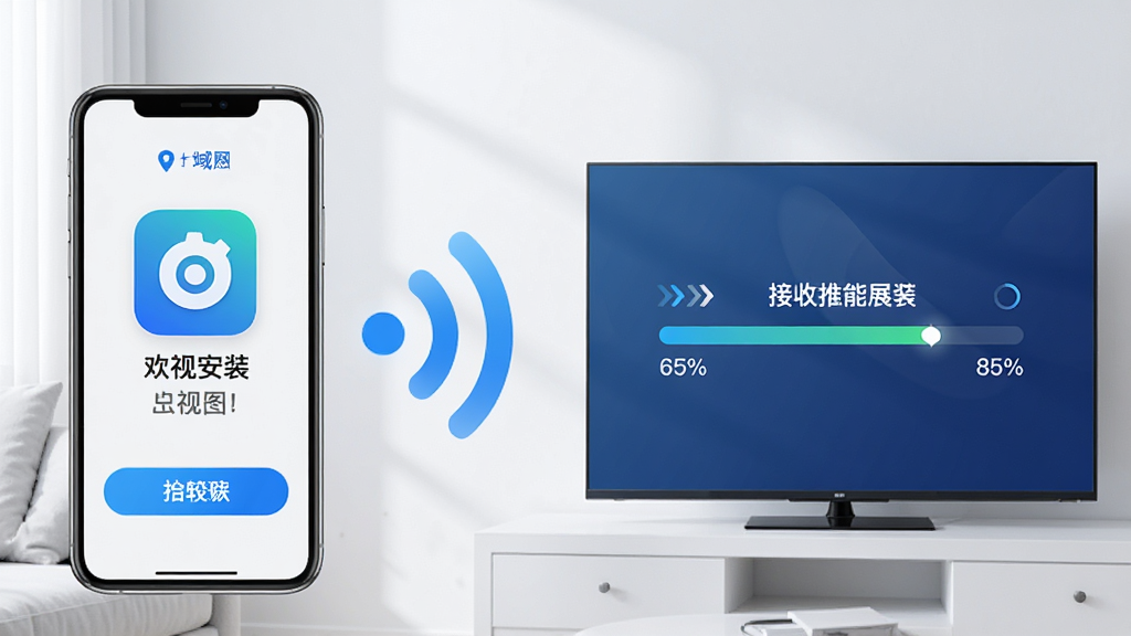 欢视助手远程推送功能展示,画面左侧是智能手机,右侧是电视屏幕,中间有无线信号波纹连接,手机屏幕上显示应用安装包图标与推送按钮,电视屏幕显示接收进度条,整体布局左右对称,风格为清爽科技风,细节包括局域网标识、传输箭头、进度百分比,画质清晰,干净,无多余元素