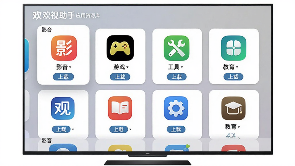 欢视助手应用资源库界面展示,画面中央是电视屏幕,屏幕上排列着多个应用分类标签如影音、游戏、工具、教育,每个分类下有若干应用图标,布局为网格状,风格为简约卡片式设计,细节包括分类图标、应用名称、下载按钮,画质清晰,干净,无多余元素