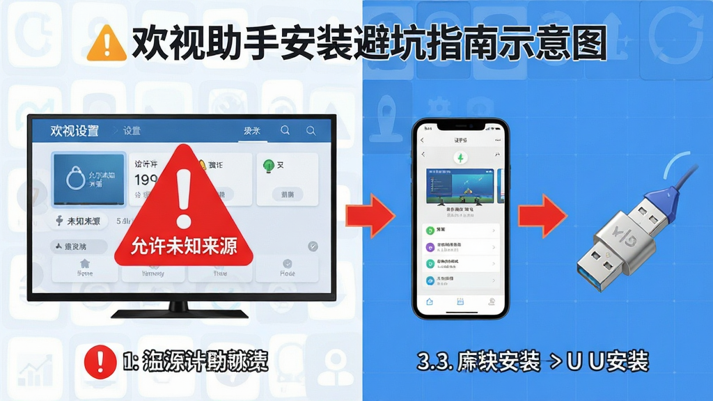 欢视助手安装避坑指南示意图,画面中电视屏幕显示设置界面,红色警示标志标注“允许未知来源”,旁边有手机推送示意图与U盘安装示意图,布局为左右分栏,风格为信息图表风,细节包括警示图标、步骤编号、箭头指示,画质清晰,干净,无多余元素