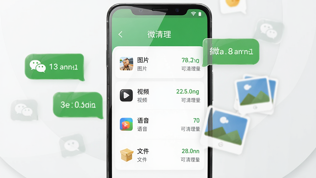 一部安卓手机特写,屏幕显示微清理的微信专清界面,界面上有“微清理”字样,下方列出微信缓存分类列表,包括图片、视频、语音、文件等,每项旁边显示占用空间大小和可清理容量,界面采用卡片式设计,配色为微信绿与白色搭配。手机旁边漂浮着微信聊天气泡和图片缩略图图标,正被吸入手机底部。背景为浅灰色极简风格,布局采用手机居中、元素环绕的构图,风格为现代扁平化科技插画,细节包括气泡的半透明质感和手机屏幕的高光反射。画质清晰,画面干净,无多余元素。