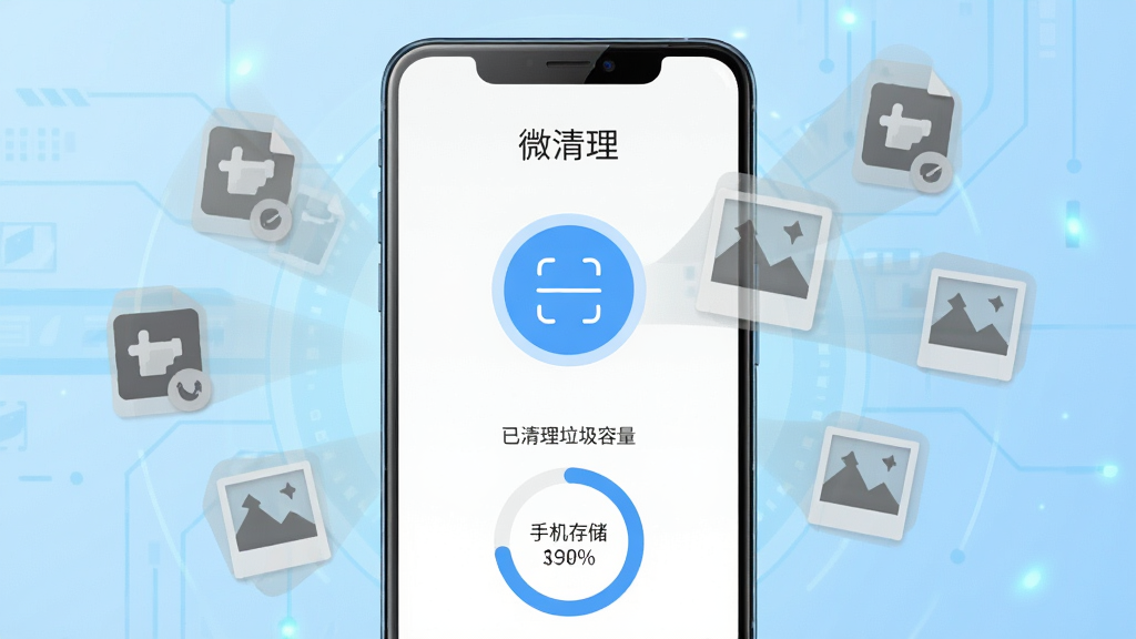画面中央是一部安卓手机屏幕显示微清理软件主界面,界面简洁干净,上方有“微清理”文字标识,中间是圆形扫描按钮,下方显示已清理垃圾容量和手机存储空间圆环图。手机周围环绕着代表垃圾文件的灰色图标,包括缓存文件、残留安装包、缩略图等,这些图标正被吸入手机屏幕中。背景为浅蓝色渐变科技风格,布局采用居中构图,风格为扁平化UI插画,细节包括手机边缘的光泽感和垃圾图标的半透明质感。画质清晰,画面干净,无多余元素。