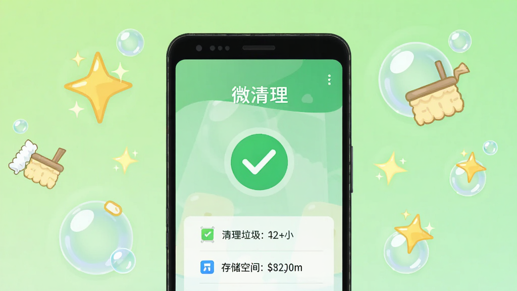 一部安卓手机屏幕显示微清理的扫描完成界面,界面上有“微清理”文字标识,中间显示清理完成打勾图标,下方列出已清理的垃圾大小和释放的存储空间数字。手机旁边漂浮着闪亮的星星和清洁泡泡图标,表示清理效果。背景为清新的浅绿色渐变,布局采用手机居中、清洁元素环绕的构图,风格为卡通扁平化插画,细节包括泡泡的透明质感和星星的闪光效果。画质清晰,画面干净,无多余元素。