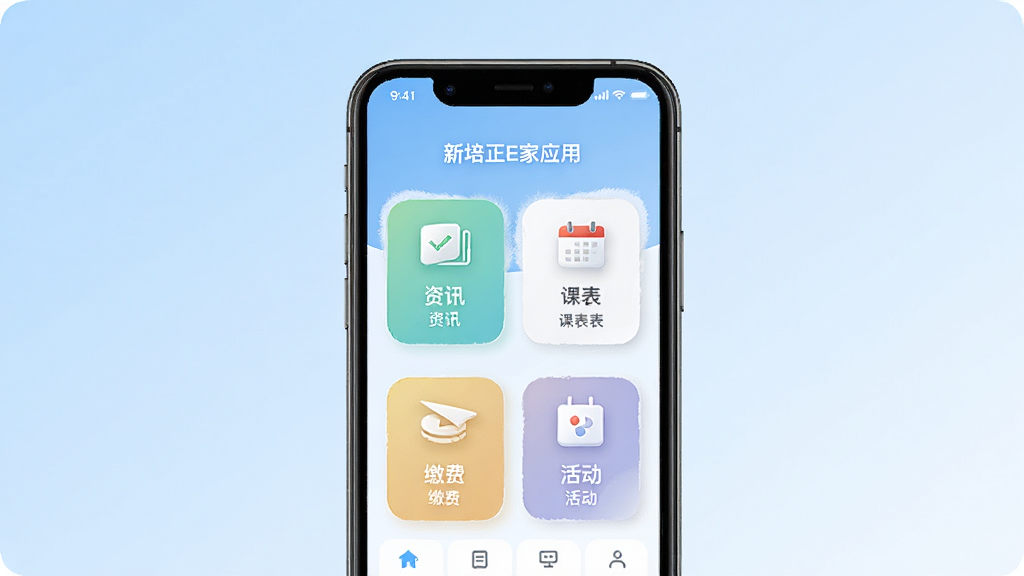 新培正E家应用主界面展示图,主体为一部智能手机居中放置,屏幕显示校园服务功能模块布局,包含资讯、课表、缴费、活动等入口图标,背景为简洁的浅蓝色渐变,风格清新现代,细节清晰,画质干净,无多余元素
