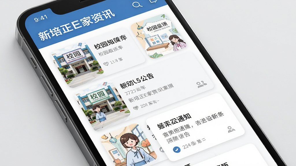 新培正E家资讯页面展示图,主体为手机屏幕特写,屏幕内呈现校园新闻列表与通知公告卡片,布局清晰,排版整齐,风格简洁明快,细节丰富,画质干净,无多余元素