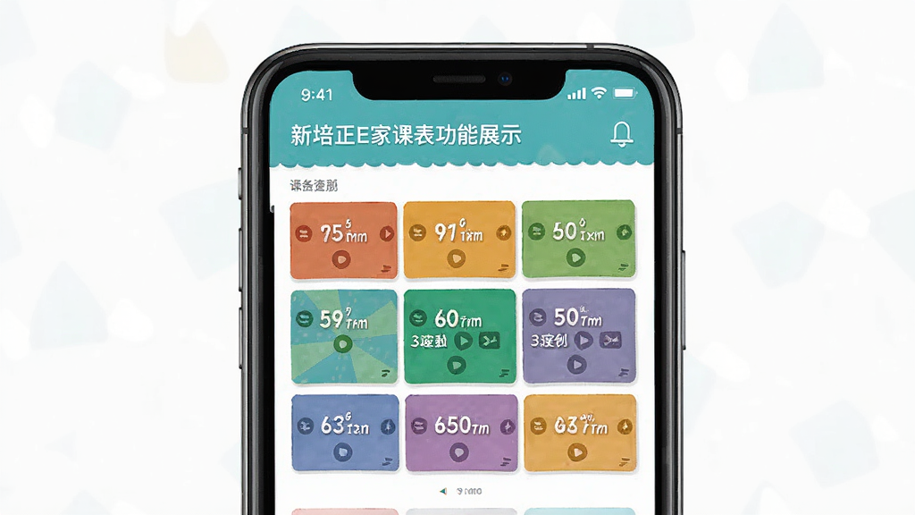 新培正E家课表功能展示图,主体为手机屏幕显示彩色课程表界面,不同课程以不同颜色区分,布局规整,排版直观,风格清新,细节清晰,画质干净,无多余元素