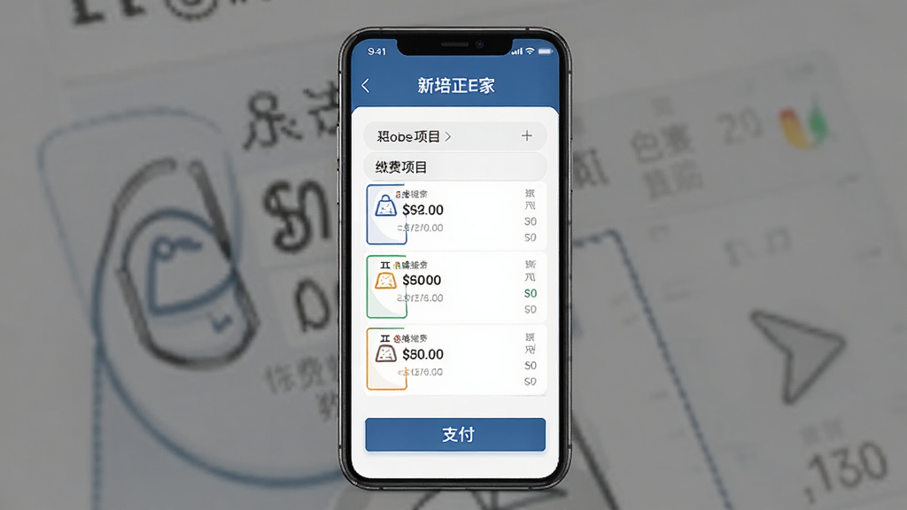 新培正E家缴费页面展示图,主体为手机屏幕显示缴费项目列表与支付按钮,界面简洁,排版清晰,风格商务实用,细节明确,画质干净,无多余元素