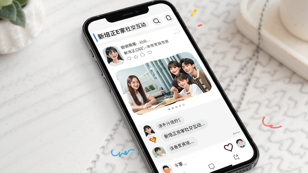 新培正E家社交互动页面展示图,主体为手机屏幕显示动态信息流与评论互动区域,布局活泼,排版舒适,风格年轻化,细节生动,画质干净,无多余元素