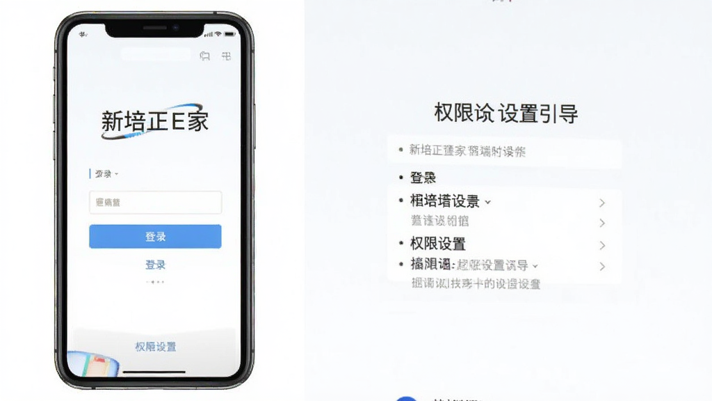 新培正E家移动端操作界面截图,主体为手机屏幕显示登录页面与权限设置引导,布局简洁,排版清晰,风格实用,细节明确,画质干净,无多余元素