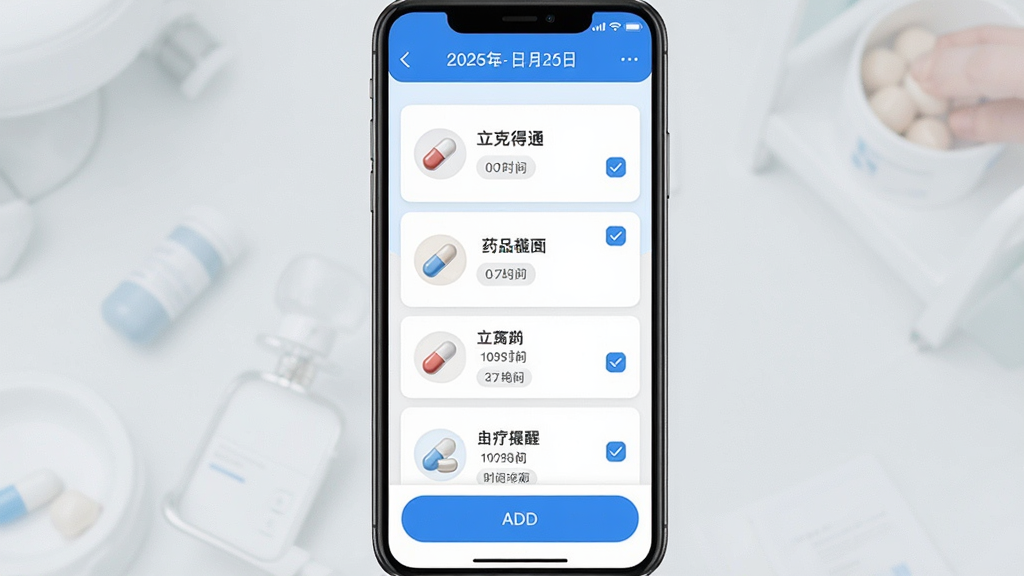 主体为“立克通”用药提醒界面手机截图风格,布局为顶部日期导航中部药品卡片列表底部添加按钮,排版纵向排列清晰,风格为清新浅色医疗应用UI,细节包含药丸图标、时间标签、勾选状态、蓝色强调色,画质高清干净无多余元素