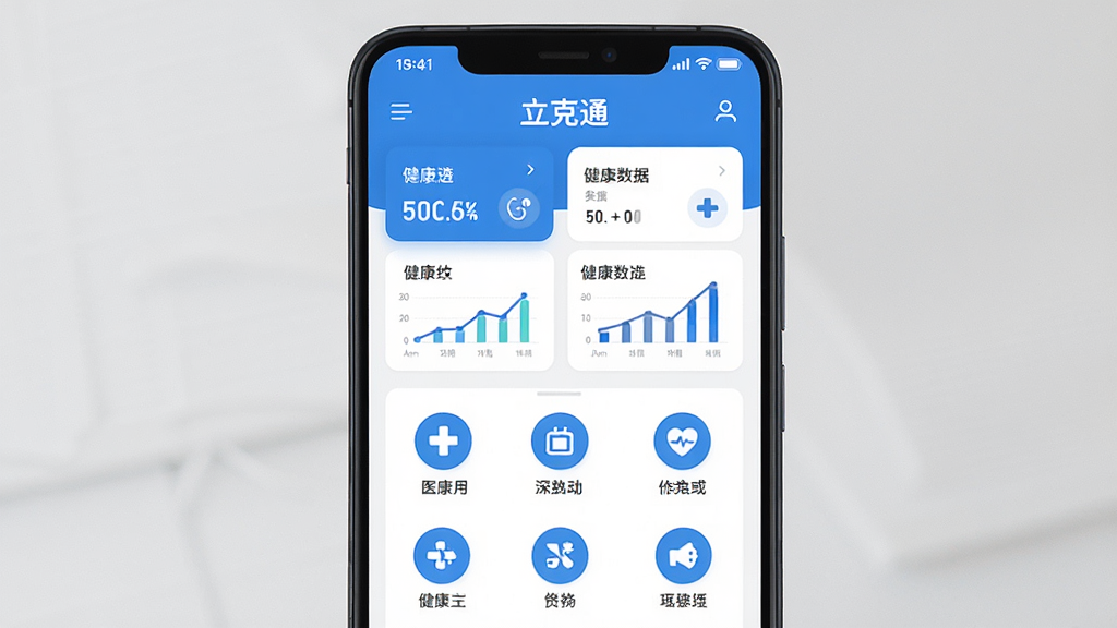 主体为一部安卓手机屏幕显示“立克通”应用主界面,布局采用上下结构上方为健康数据卡片下方为功能图标列表,排版居中对称,风格为扁平化医疗健康类UI设计,细节包含蓝色主色调、白色背景、圆角图标、数据图表元素,画质高清干净无多余元素