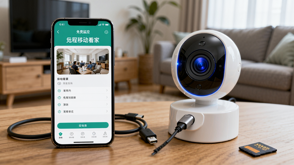 画面展示一部手机和一台家用摄像头并排放在桌面上,手机屏幕显示免费监控远程移动看家的设置界面,摄像头镜头发出微弱的蓝光,桌面上有充电线和内存卡,背景为居家客厅环境,采用写实摄影风格,布局前景为设备特写,细节突出安装配置的便捷感,画质高清干净无多余元素