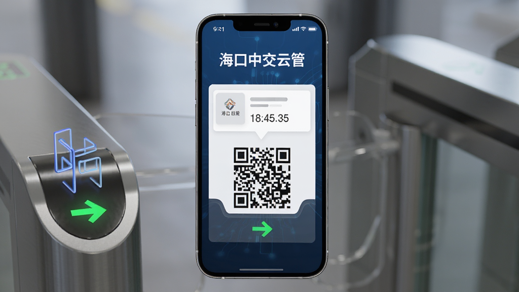 主体为“海口中交云管”访客通行界面,布局为手机屏幕内显示二维码和访客信息卡片,排版上下结构上方标题下方二维码,风格为简洁安全科技风,细节包括闸机图标、绿色通行箭头、时间戳,画质高清干净无多余元素
