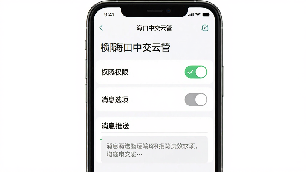 主体为“海口中交云管”手机端设置界面,布局为手机屏幕展示权限开关和消息推送选项,排版上下结构上方标题下方列表,风格为清新简洁风,细节包括绿色对勾、灰色开关按钮、提示文字框,画质清晰干净无多余元素