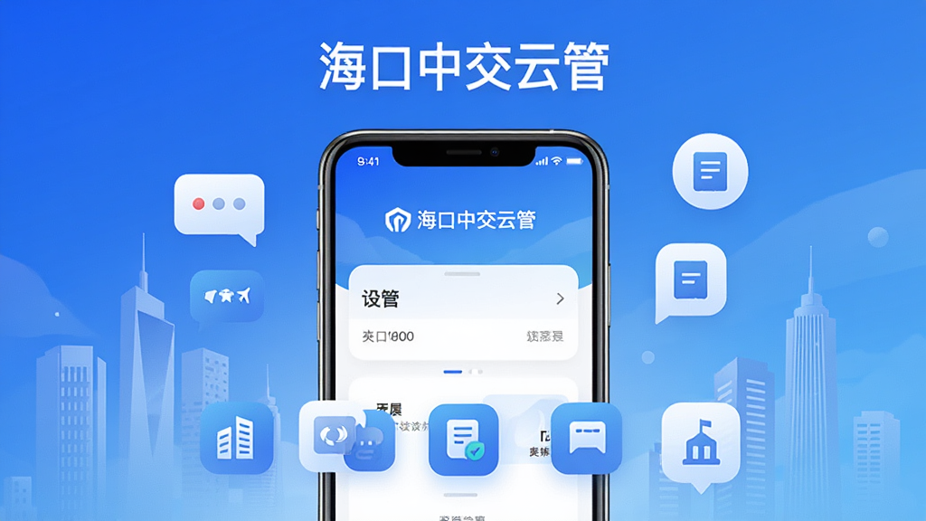 主体为一部智能手机展示“海口中交云管”应用界面,布局采用居中手机模型加周边悬浮图标,排版为上下结构上方软件名称下方功能图标,风格为现代科技商务风,细节包括楼宇剪影、消息气泡、工单图标、蓝色渐变背景,画质高清干净无多余元素