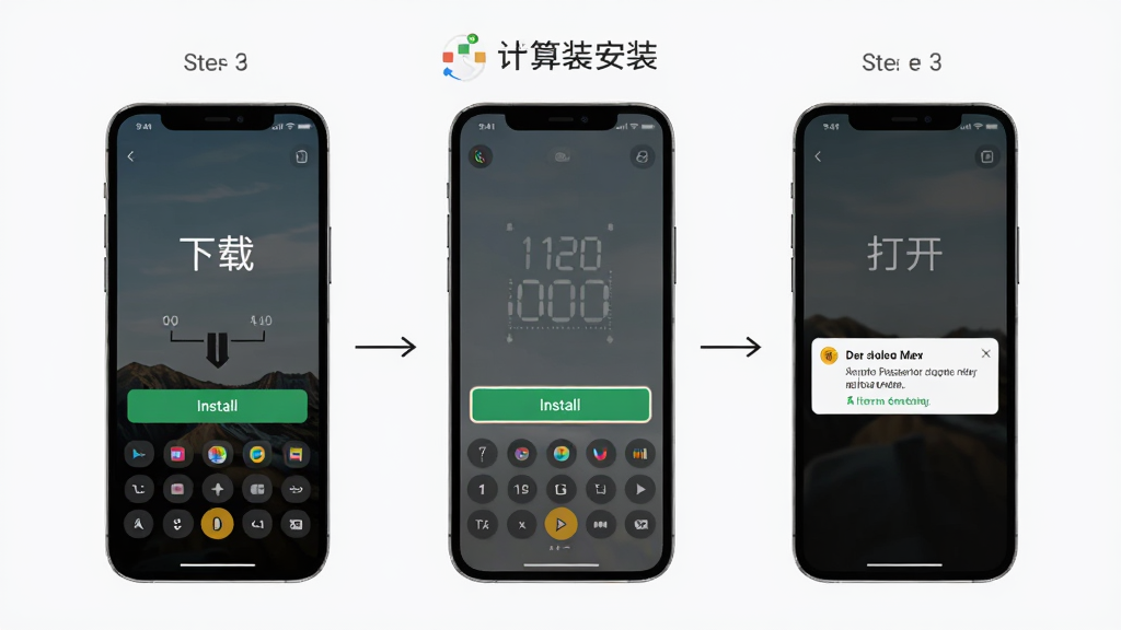 手机计算器安装步骤示意图,主体为手机屏幕截图组合,布局从左到右展示下载、安装、打开三个步骤,排版为横向流程图,风格为简约商务,细节包含安装按钮与权限提示框,画质清晰干净无多余元素