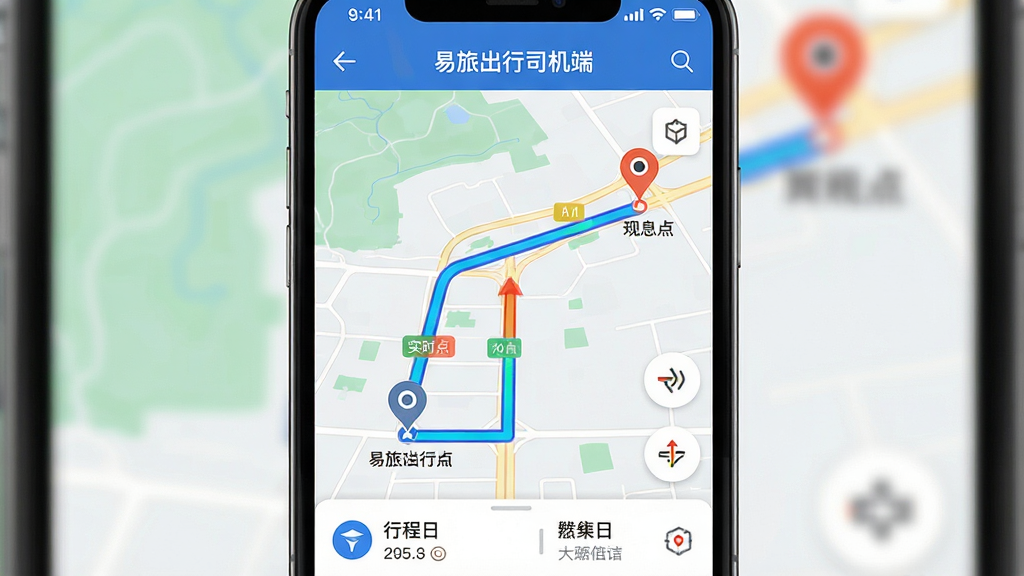 AI生图:主体是手机屏幕特写,显示“易旅出行司机端”的导航界面,地图上标注了起点与终点路线;布局为手机竖屏居中,屏幕内路线以高亮蓝色线条呈现;排版简洁,地图占据主要区域,底部有行程信息条;风格为现代导航界面风格;细节上路线周围有实时路况颜色标注,起点终点图标清晰;画质高清,界面干净,无多余装饰元素