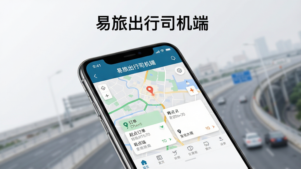 软件全貌展示图:主体是一部智能手机居中放置,手机屏幕上显示“易旅出行司机端”的接单主界面,界面中包含地图、订单卡片与底部导航栏;布局采用手机正面特写加轻微倾斜视角,背景为干净的浅灰渐变与虚化的城市道路元素;排版上手机占据画面中央约三分之二区域,上方留白处放置“易旅出行司机端”文字标识;风格为现代科技感与商务简约风结合;细节上手机边框有轻微高光反射,界面图标清晰可辨,订单卡片上有起点终点信息;画质为高清渲染,干净通透,无多余杂乱元素