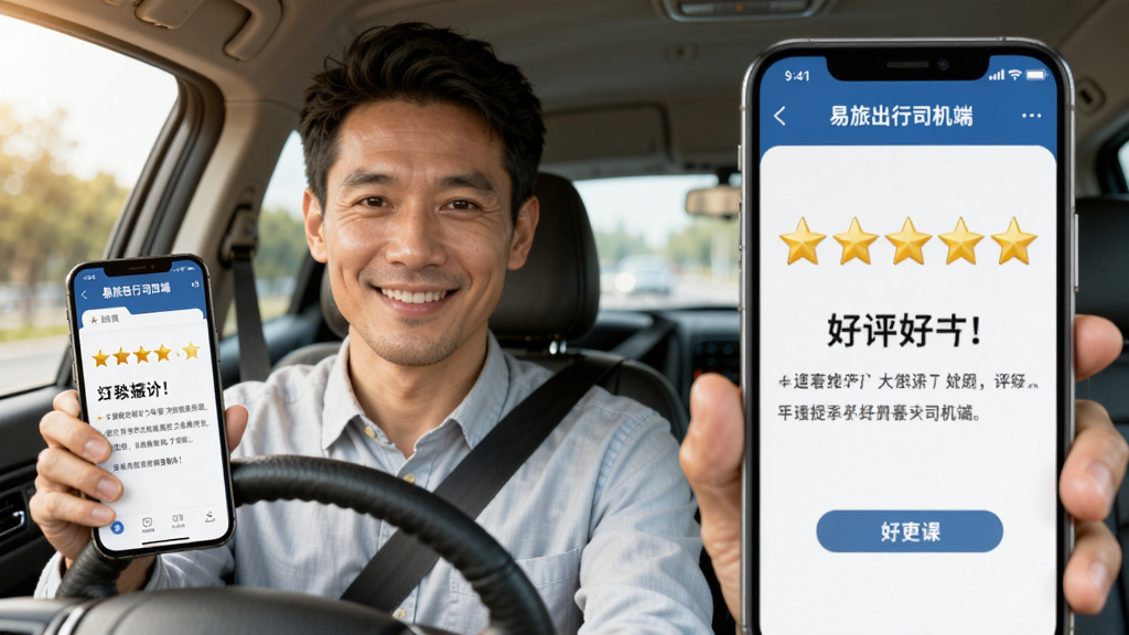 AI生图:主体为一名司机微笑着看向手机屏幕,屏幕上显示“易旅出行司机端”的服务评价页面,五星好评醒目;布局采用半身人物加手机屏幕特写,背景为车内环境;排版上人物位于画面左侧,手机屏幕位于右侧并放大展示;风格为积极温暖的生活化风格;细节上手机屏幕显示五颗金色星星与好评文字,司机表情轻松自信;画质高清,光线柔和,画面干净,无多余元素