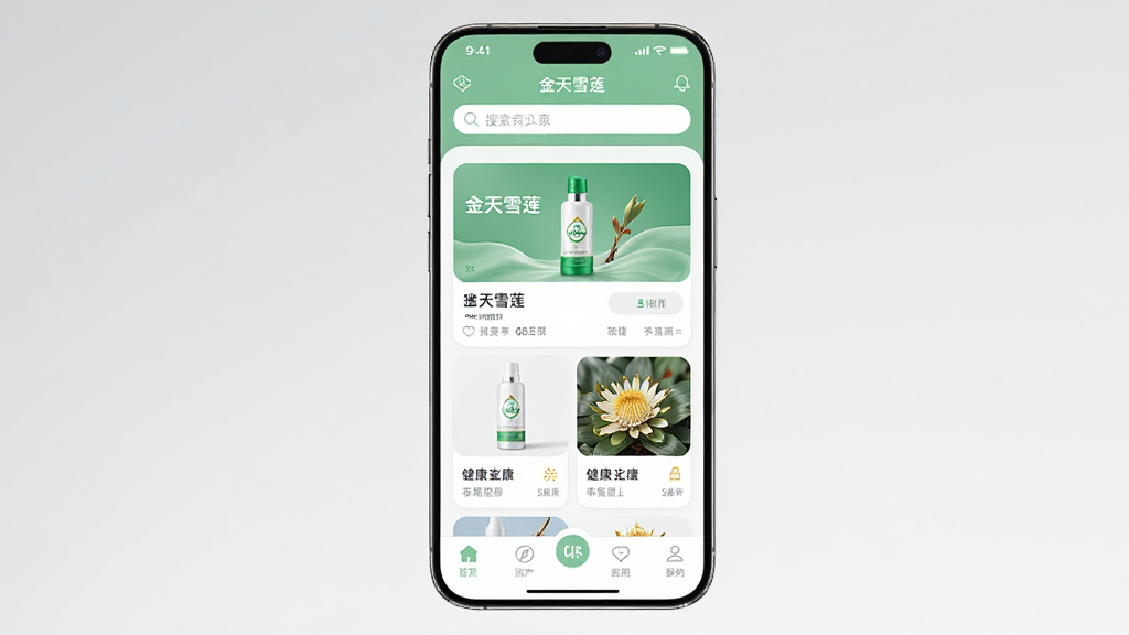 ����Ϊһ�������ֻ�����Ļ��ʾ����ѩ��APP��ҳ���棬������ǳ��ɫ�Ͱ�ɫΪ��ɫ�������������������м�չʾ������Ʒ��Ƭ���ײ��е�����������Ϊ�ֻ����з��ã�����Ϊ�ɾ���ǳ��ɫ���䣻���Ϊ�ִ��Ƽ��в�Ʒչʾͼ��ϸ�ڰ����ֻ���Ե�߹⡢��Ļ�����������ɼ�