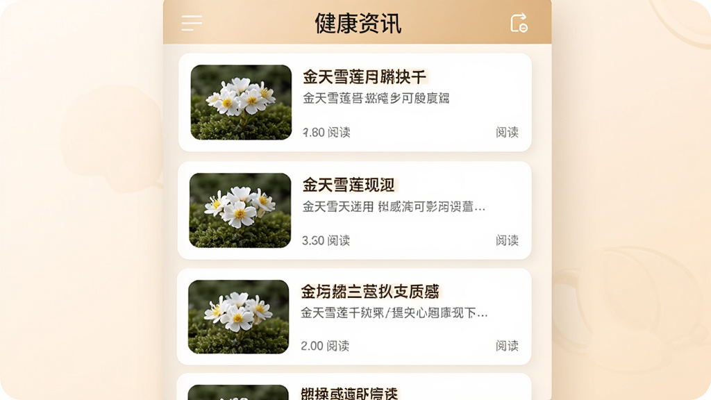 ����Ϊ����ѩ��APP��Ѷҳ��չʾͼ������Ϊ�����б���ʽ��ÿƪ������������ͼ�ͱ��⣻���Ϊ��־ʽ�Ű棻ϸ�ڰ���������